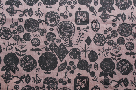 リネンプリント 花図案の吹き寄