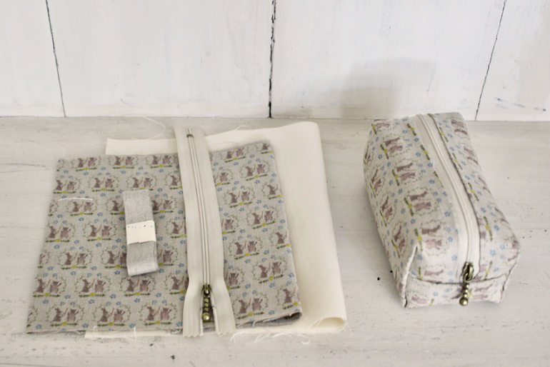 BOX型　リネンプリント ポーチセット<br />うさぎ猫エンブレムflax