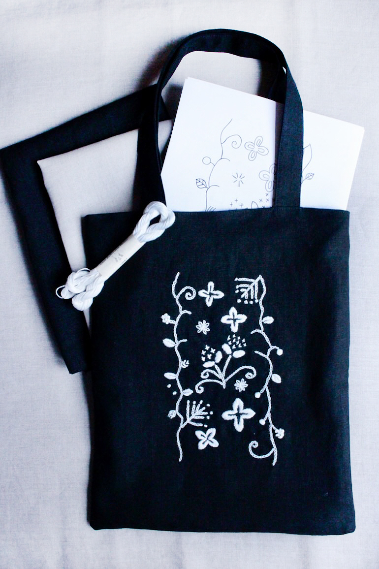 リネン刺繍糸生地セットNo.5<br />アンソレイエ黒 白刺繍