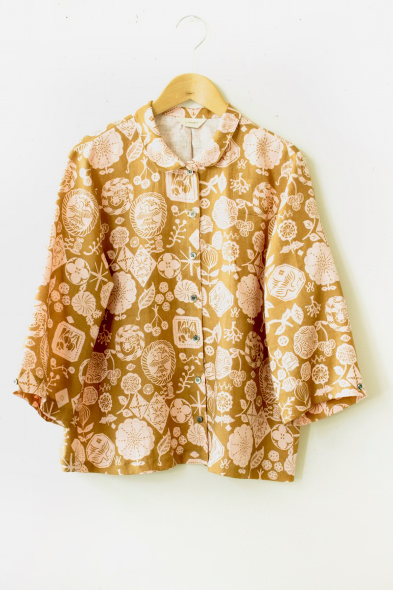 PD No.135小さな丸衿ブラウス 7分袖<br />花図案ピンク