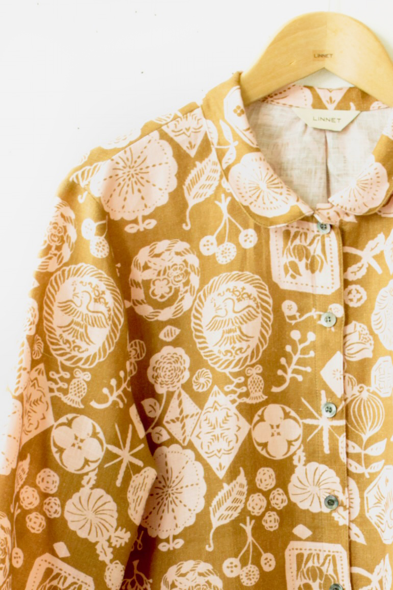 PD No.135小さな丸衿ブラウス　　7分袖<br />花図案ピンク