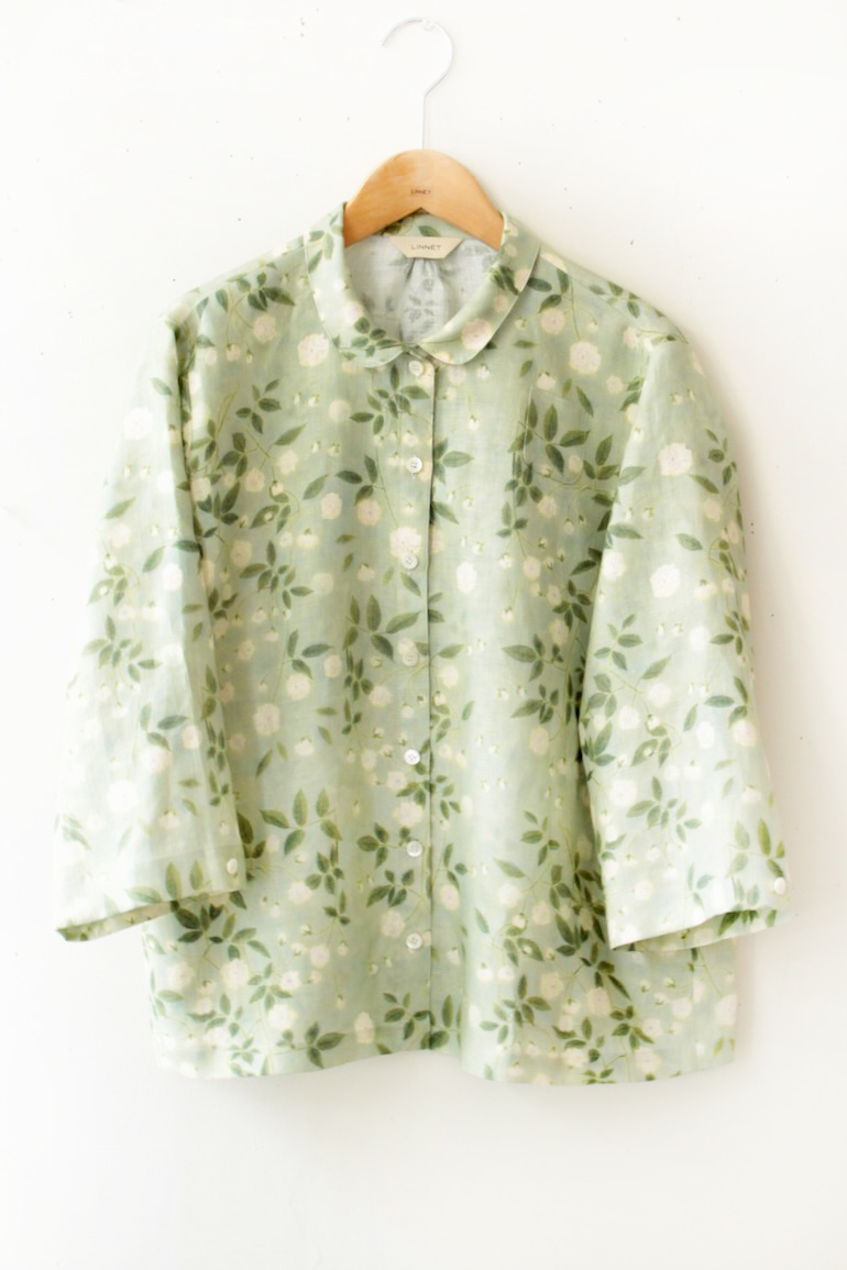 PD No.135小さな丸衿ブラウス　　7分袖<br />モッコウバラグラスグリ-ン