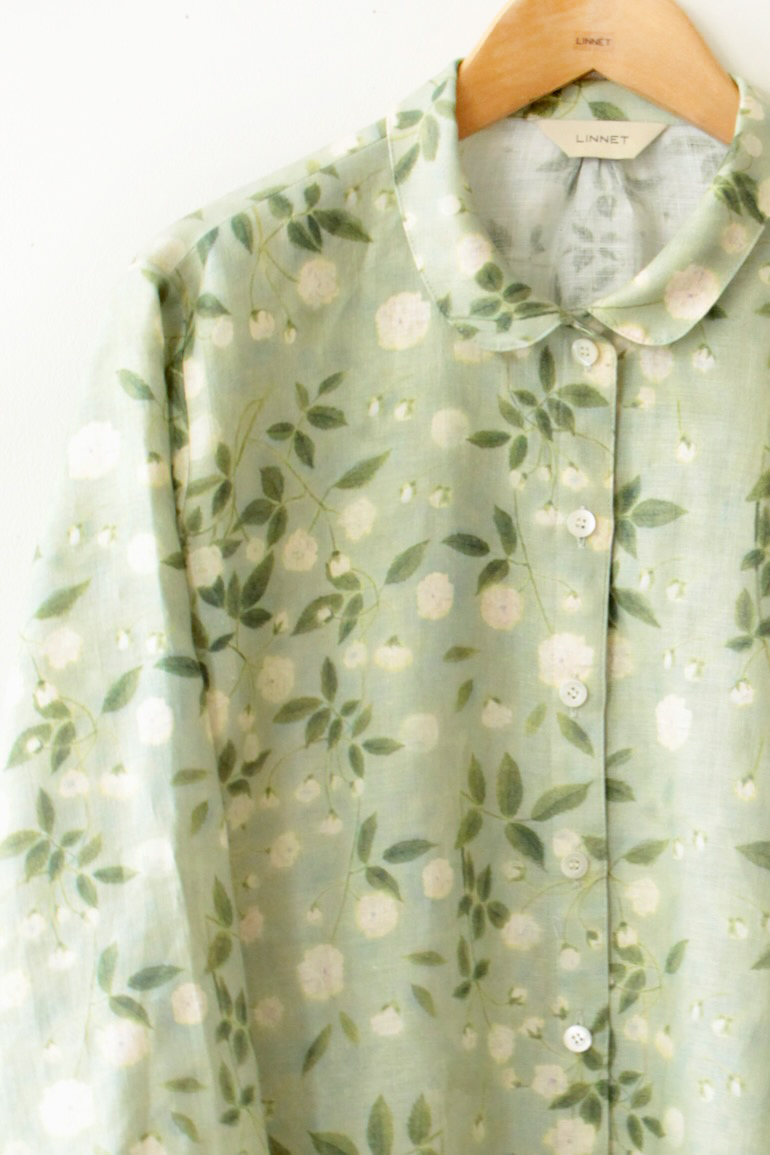 PD No.135小さな丸衿ブラウス　　7分袖<br />モッコウバラグラスグリ-ン