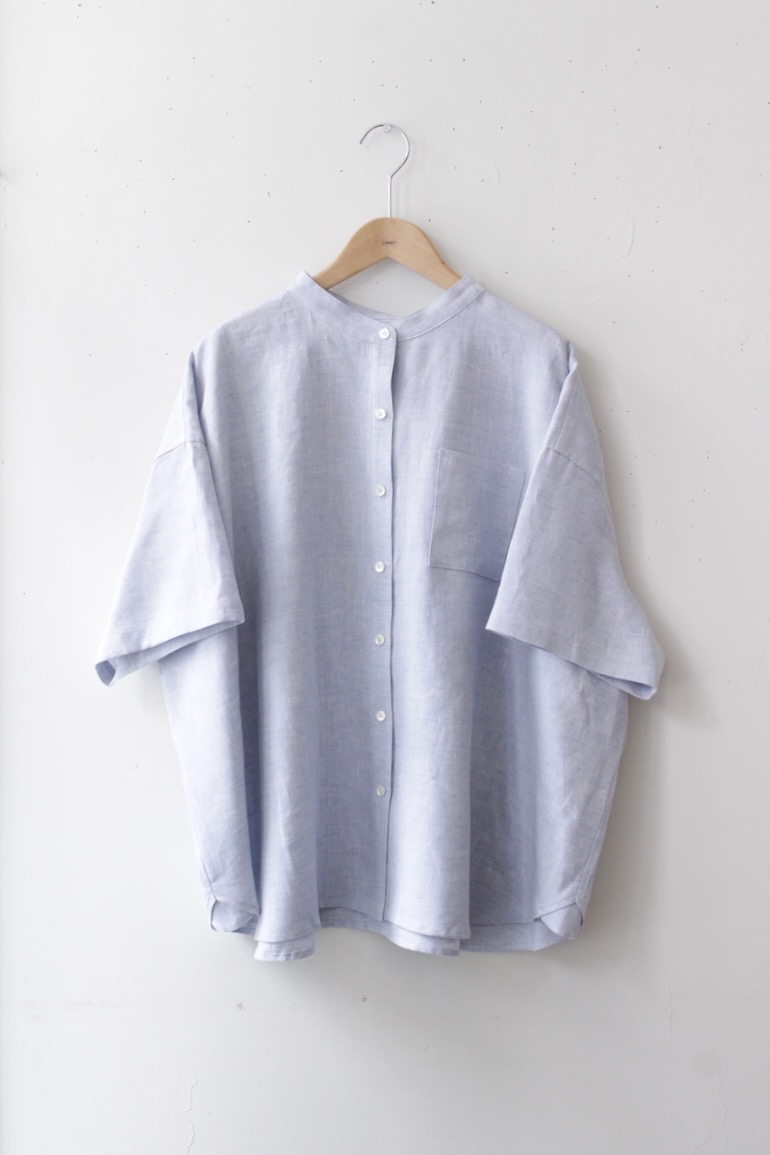 PD No.141　スタンドカラービッグシャツ半袖ギャザー<br />シャンブレイアクア