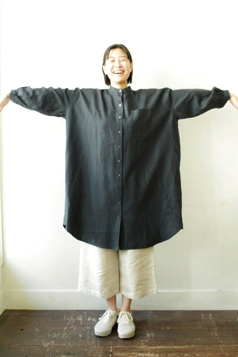 PD No.141　スタンドカラービッグロングシャツ長袖ギャザー<br />クラシックネイビ-