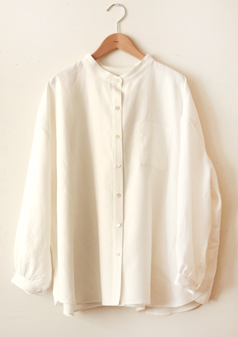 PD No.141　スタンドカラービッグシャツ長袖ギャザー<br />クラシックスノ-ホワイト