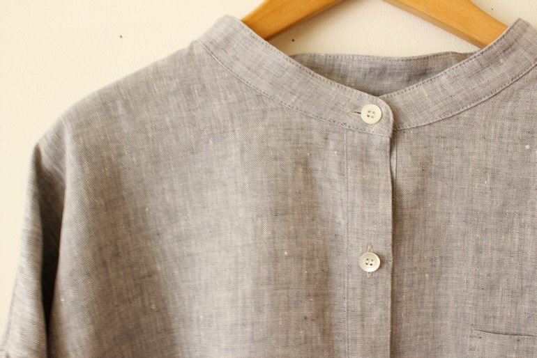 PD No.141　スタンドカラービッグシャツ長袖ギャザー<br />シャンブレイ鳩羽グレ-