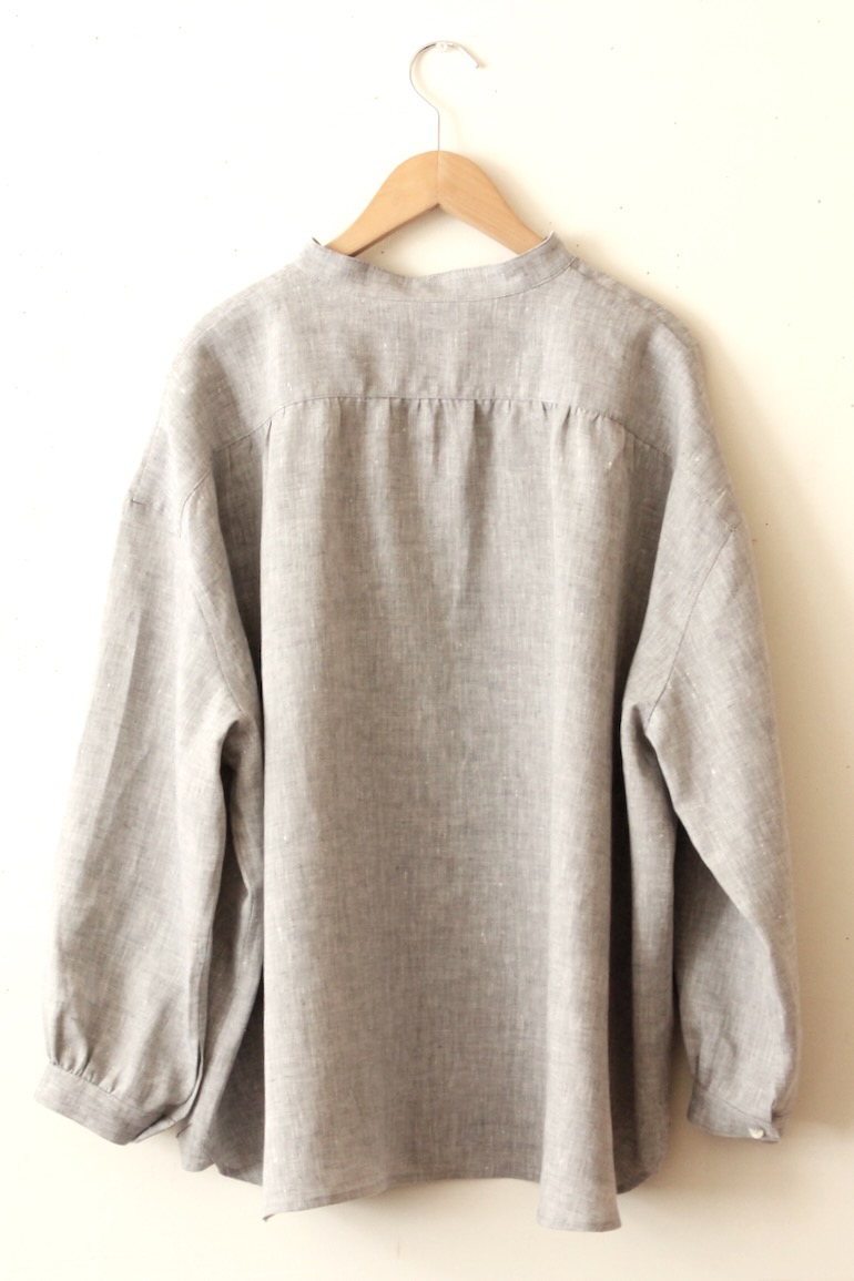 PD No.141　スタンドカラービッグシャツ長袖ギャザー<br />シャンブレイ鳩羽グレ-