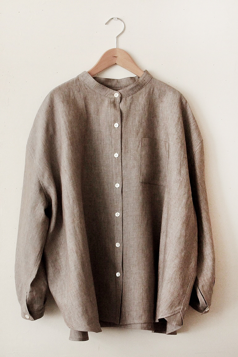 PD No.141　スタンドカラービッグシャツ長袖ギャザー<br />シャンブレイブル-シェ-ド