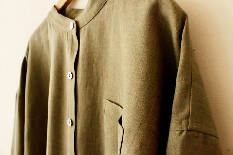 PD No.141　スタンドカラービッグシャツ長袖ギャザー<br />シャンブレイアンティ-クグリ-ン