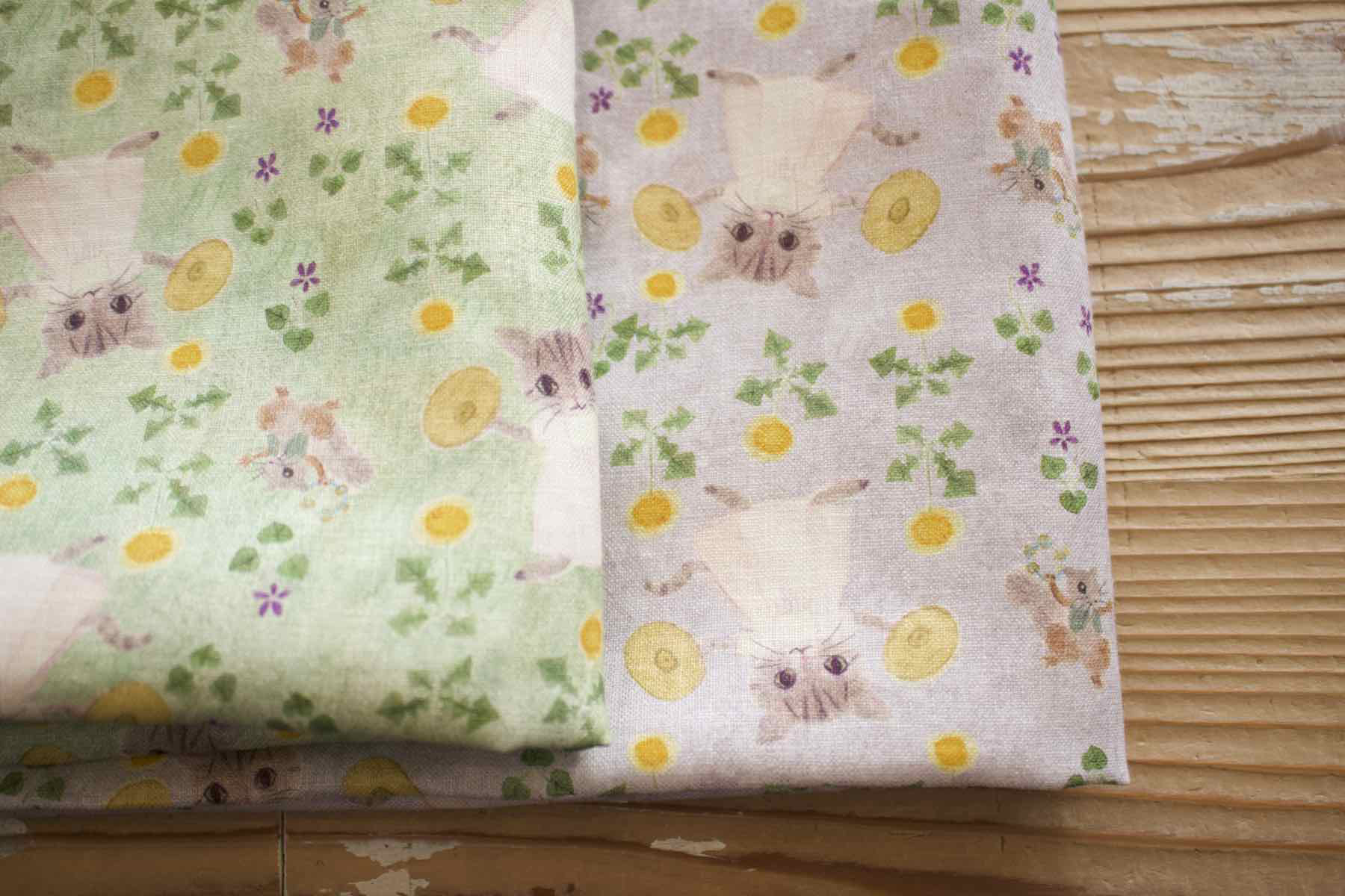 LINNET　リネンプリント　 シンバルと猫<br />グリ-ン