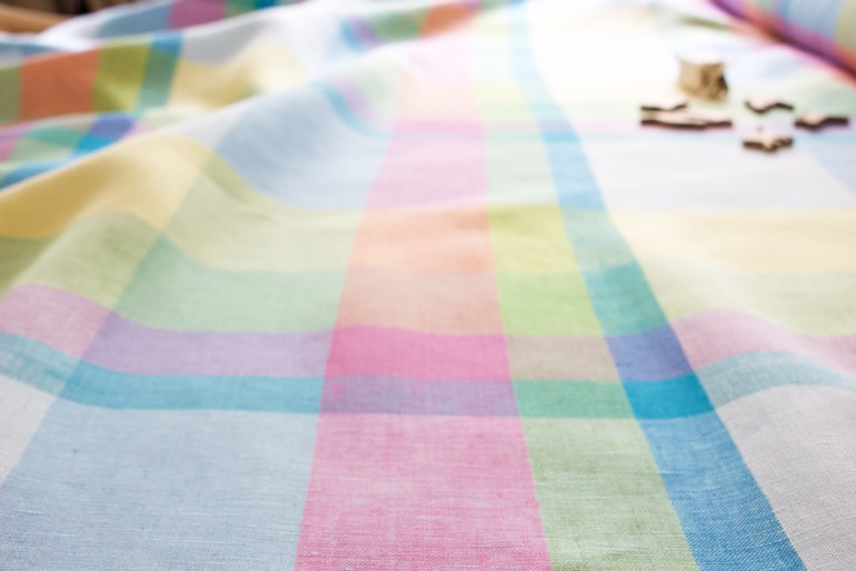 リネンラージチェック　ピンク ブルー<br />ピンク+水